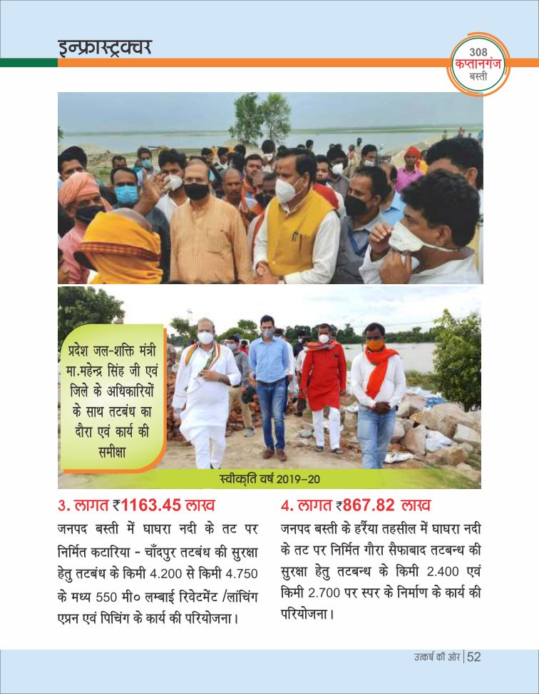 जनपद बस्ती में घाघरा नदी के तट पर निर्मित कटारिया-चाँदपुर तटबंध की सुरक्षा हेतु तटबंध के किमी 4.200 से किमी 4.750 के मध्य 550 मी. लम्बाई रिवेटमेंट/लांचिंग एप्रन एवं पिचिंग के कार्य की परियोजना